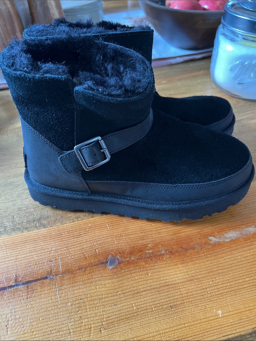 UGG Classic Mini Bellina Belted Suede Fur-Lined Ankle Booties with Buckle sz 6